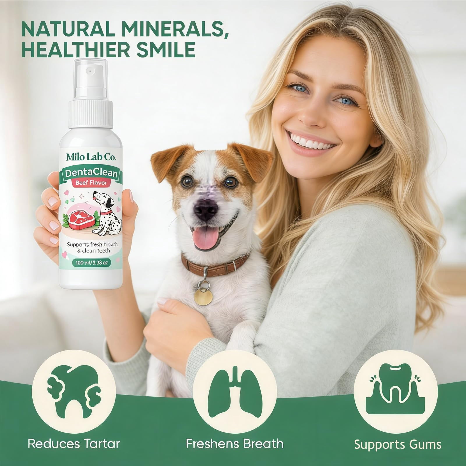 MiloLab Co. Dog Dental Spray for Tartar & Plaque Removal – Pet Oral Care Solution for Dogs, Breath Freshener, Teeth Cleaning Liquid, 3.38 oz (1PC)