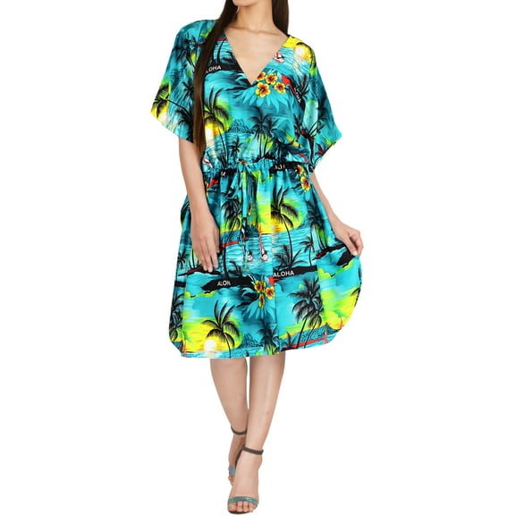 HAPPY BAY Women's Summer Loungewear Relaxed Fit Caftan Mini Casual Sundress 2X-3X Aqua_AC738