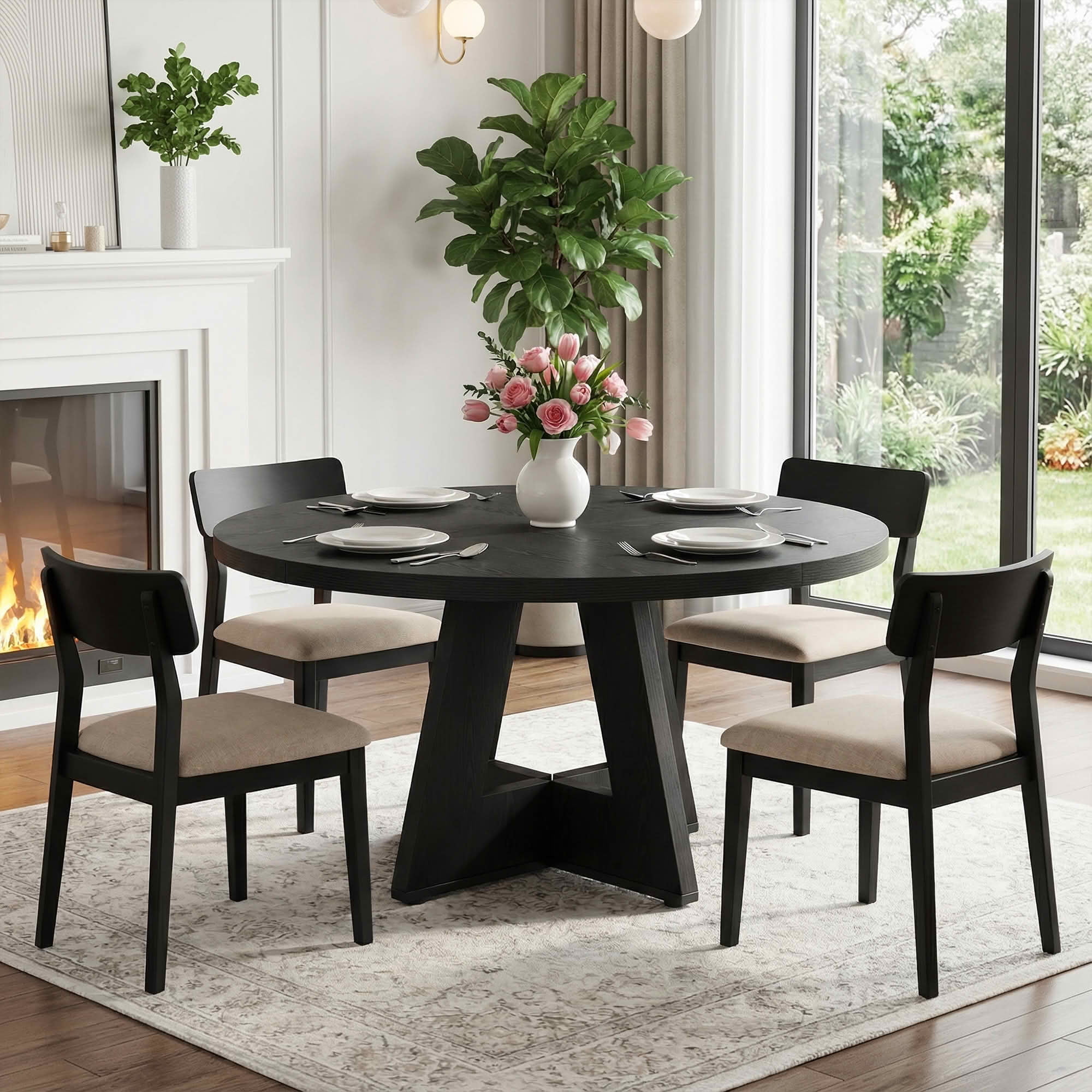 MAYEERTY 47 Inch Farmhouse Round Dining Table, Wooden Kitchen Dinner Table for 4 People with Sturdy Metal Frame