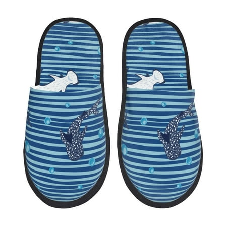 Balery Sharks on White Blue Striped Slient Indoor Furry Fleece Comfort House Shoes Soft Non-Slip Home Shoes Cotton slippers House Slippers-- Medium