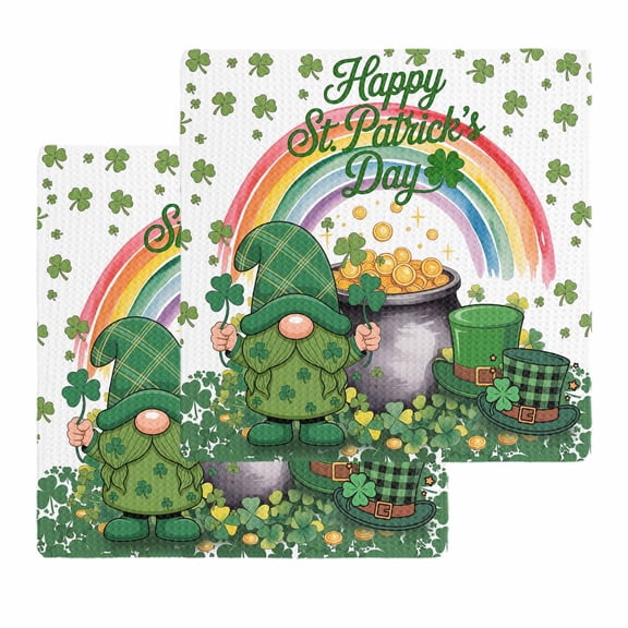 St Patricks Day Kitchen Dish Towels for Drying Dishes Set of 2, Green Shamrock Spring Rainbows Gnomes Waffle Weave Microfiber Hand Tea Bathroom Towels Quick Dry & Absorbent Towel 12x12