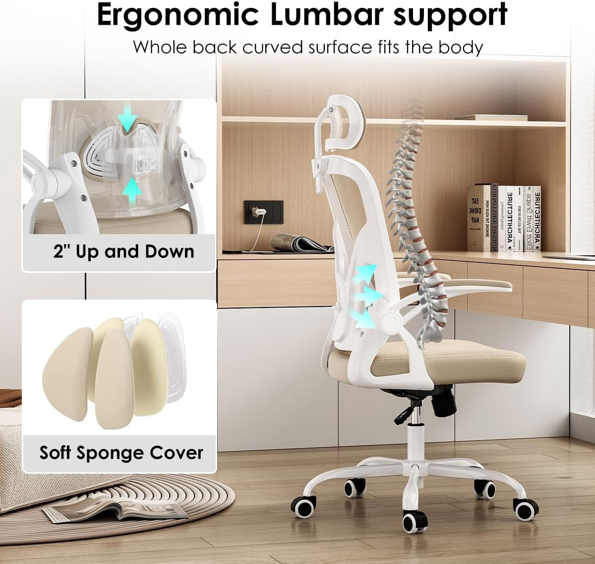 STARY Ergonomic Mesh Office Chair with Headrest, Tall Reclining Computer Chair with Adjustable Lumbar Support and Adjustable Arms for Home Office, White & Khaki