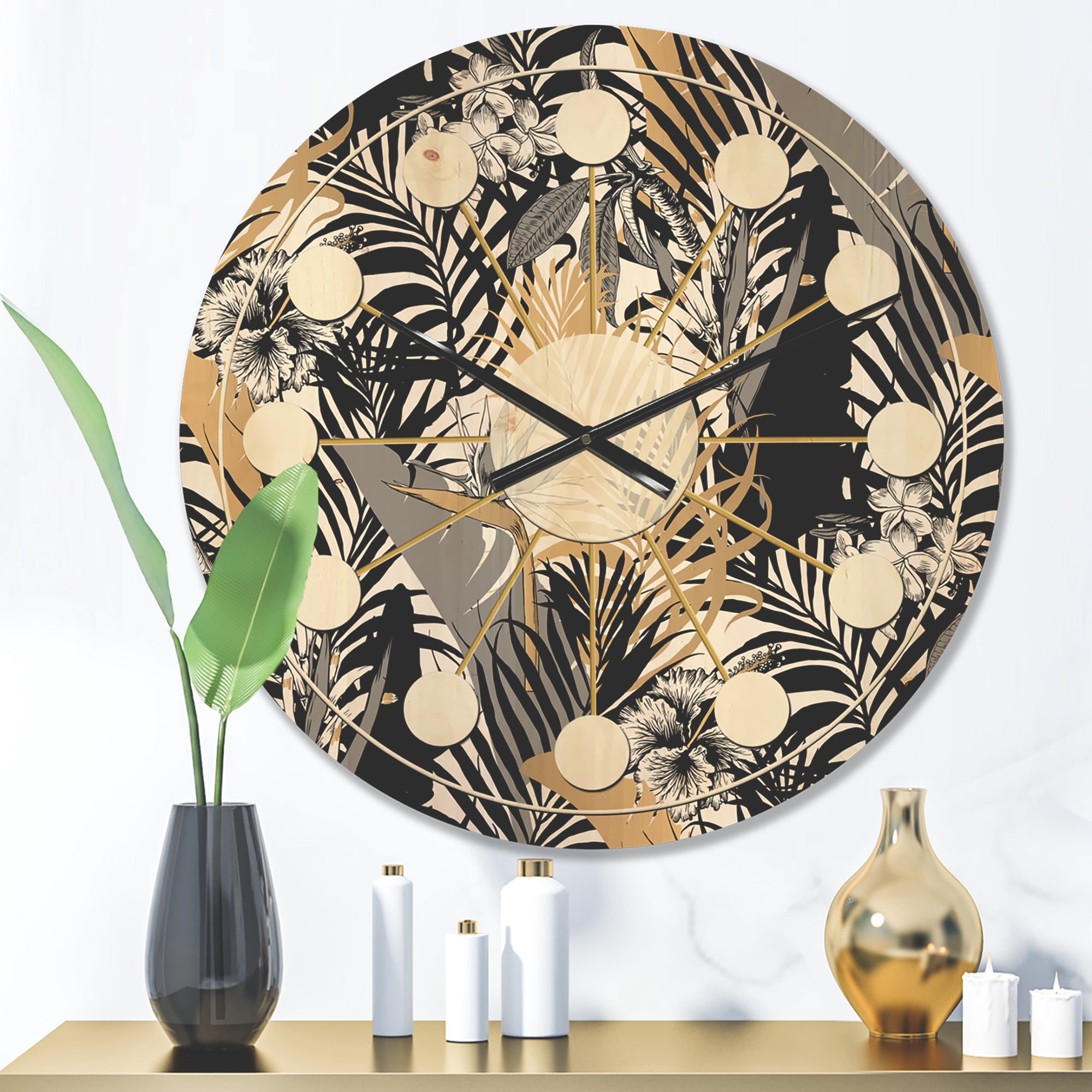 Designart 'Retro Golden Foliage II' Mid-Century Modern Wood Wall Clock