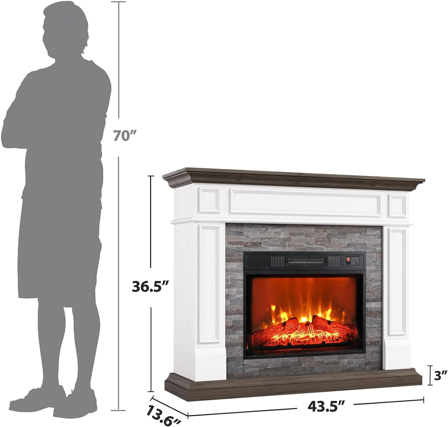 Holliwill Electric Fireplace Mantel, 44" Freestanding Fireplace Heater with Stacked Stone Surround Firebox, Infrared Quartz Heater with Adjustable Led Flame, 1400W, White Brown