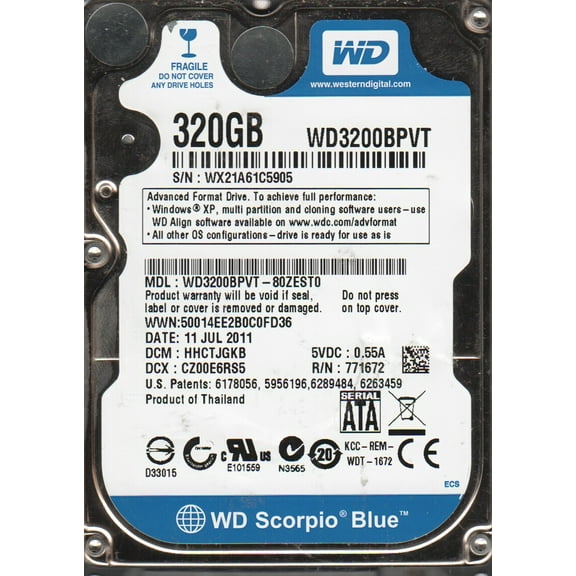WD3200BPVT-80ZEST0, DCM HHCTJGKB, Western Digital 320GB SATA 2.5 Hard Drive