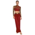 thumbnail image 2 of Raenseen Women Lyrical Dance Outfits Sets Sequins Rhinestones Crop Top with Mesh Sheer Pants Burgundy M, 2 of 5