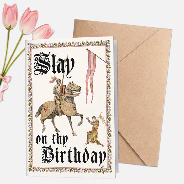 Tarjeta de cumpleaños divertida estilo medieval Slay para mujer