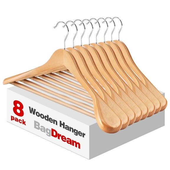 BagDream 8 Pack Wide Shoulder Wooden Hangers Coat Hangers with Non Slip Pants Bar, Solid Wood Jacket Clothes Hangers Smooth Finish for Sweater, Pants, Heavy Clothes, Natural
