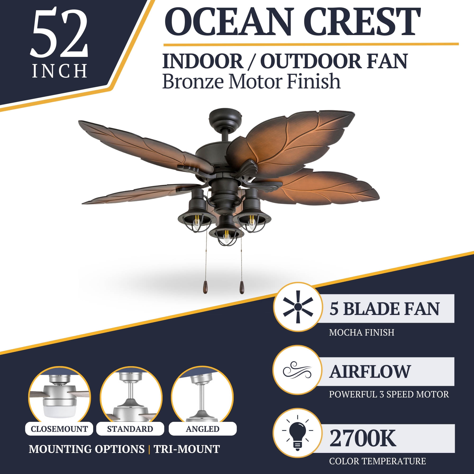 Prominence Home 50653-35 Ocean Crest Tropical 52-Inch Tropical Bronze Indoor Ceiling Fan, Lantern LED Multi-Arm Mocha Blades