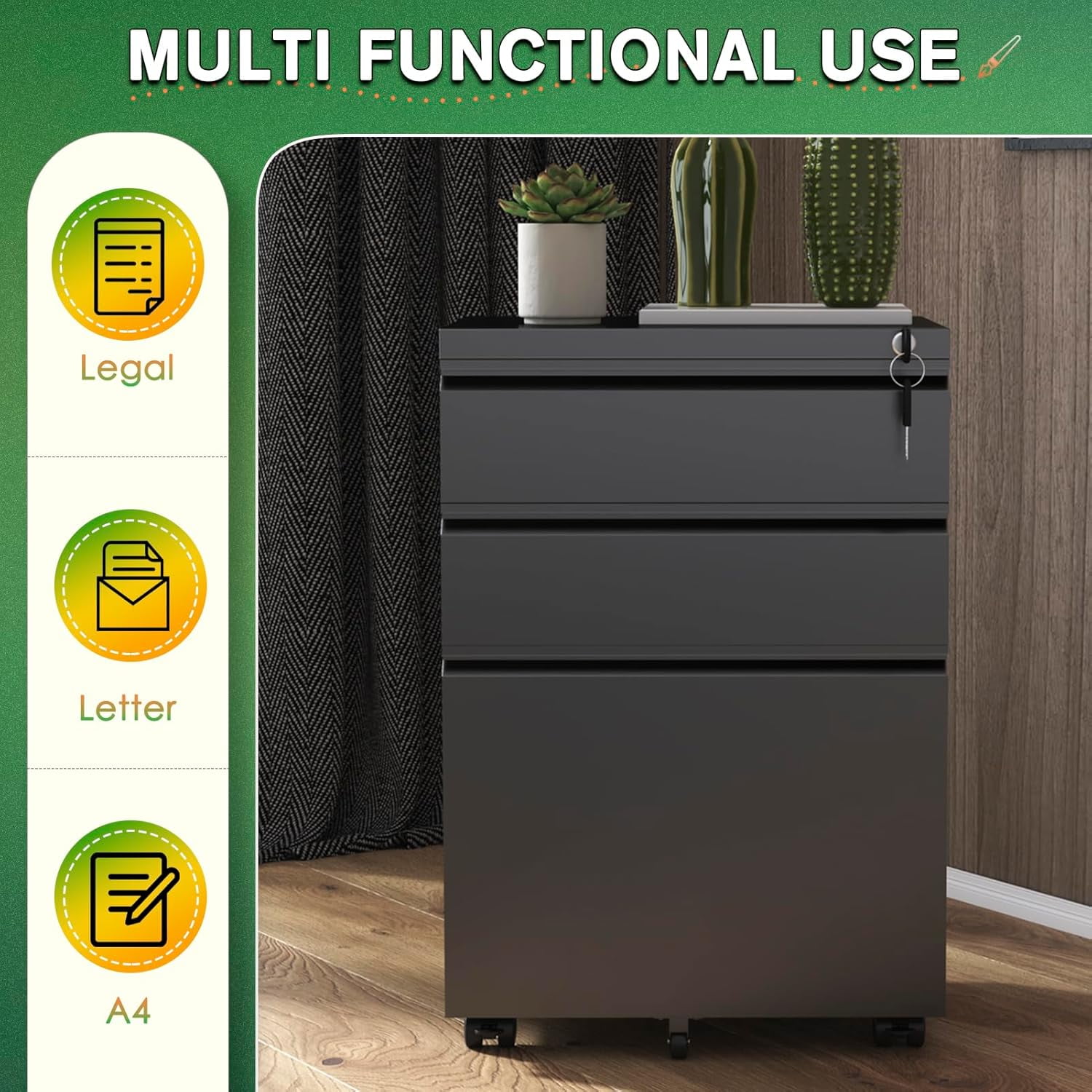 SUNCROWN 3 Drawer Mobile File Cabinet with Lock, Metal Filing Cabinet on Wheels, Under Desk File Cabinet for Home Office Organizer Letter/Legal/A4 File (Assembly Required, Black)