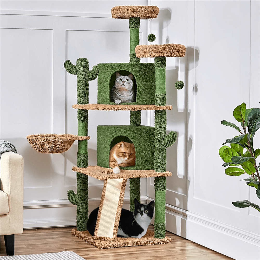 Alden Design 66″ H Multi-Level Cactus Cat Tree with Natural Sisal for Small/Medium Cats, Green/Brown