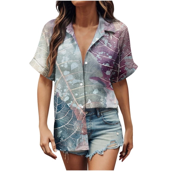 ChaoHeng Plus Size Tops Clearance under 10.00 Women's Floral Print Button-Up Lapel Neck Loose Blouse