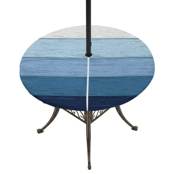 Round Outdoor Tablecloth with Umbrella Hole and Zipper, Blue Ombre Fitted Table Cover with Elastic Edge for 55-60 Inch, Farmhouse Vintage Wooden Striped Waterproof Patio Tablecoths for Picnic