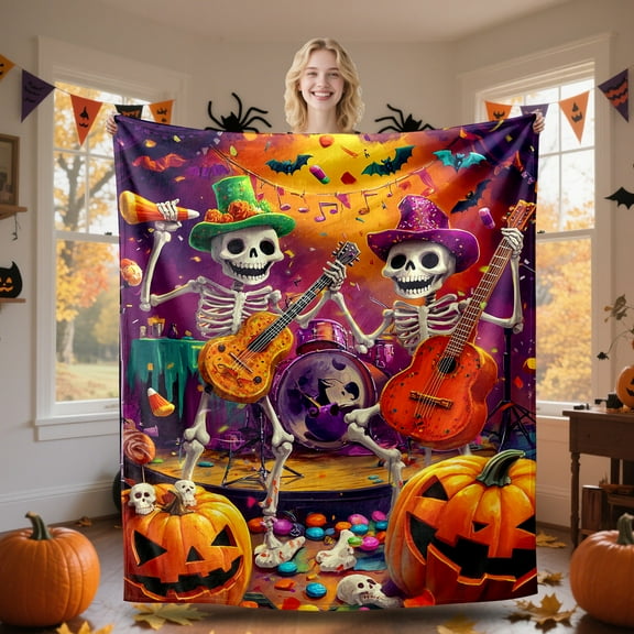Halloween Throw Flannel Blanket Ghost Skeleton Cozy Fuzzy Warm Throw Blanket Vintage Scary Halloween Themed Print for Winter Couch Sofa Bed Home Decor 60"x50"