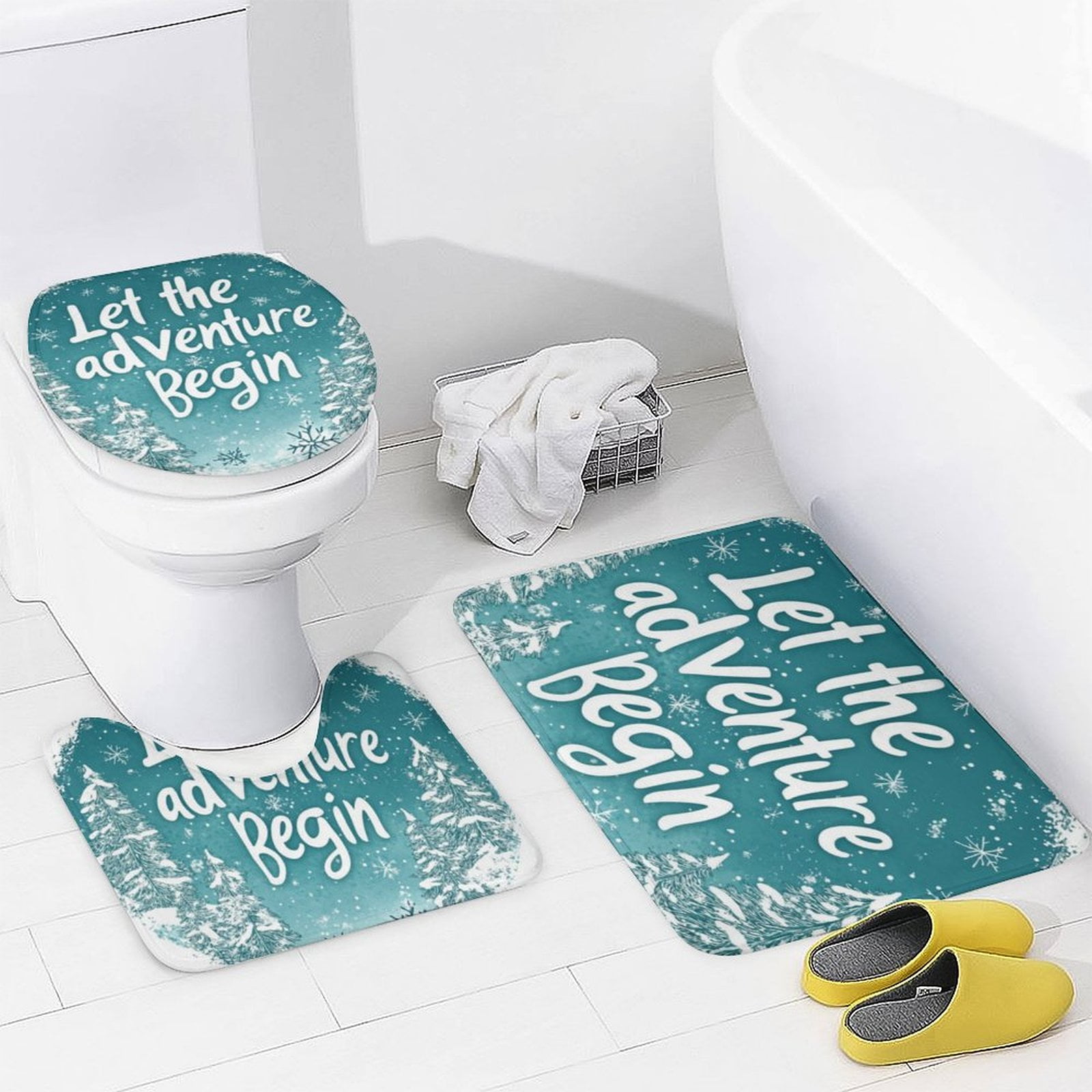 Let The Adventure Begin Shower Curtain 4 Piece Set Shower Curtain And Rugs Shower Curtain Set Xmas Tree Snow Winter Waterproof Fabric Bath Curtain for Bathroom Decor Set