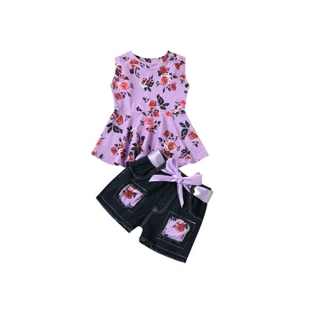 

Summer Little Girl’s Vest and Shorts Suit Floral Sleeveless Shirt and Patchwork Elastic Denim Short Pants