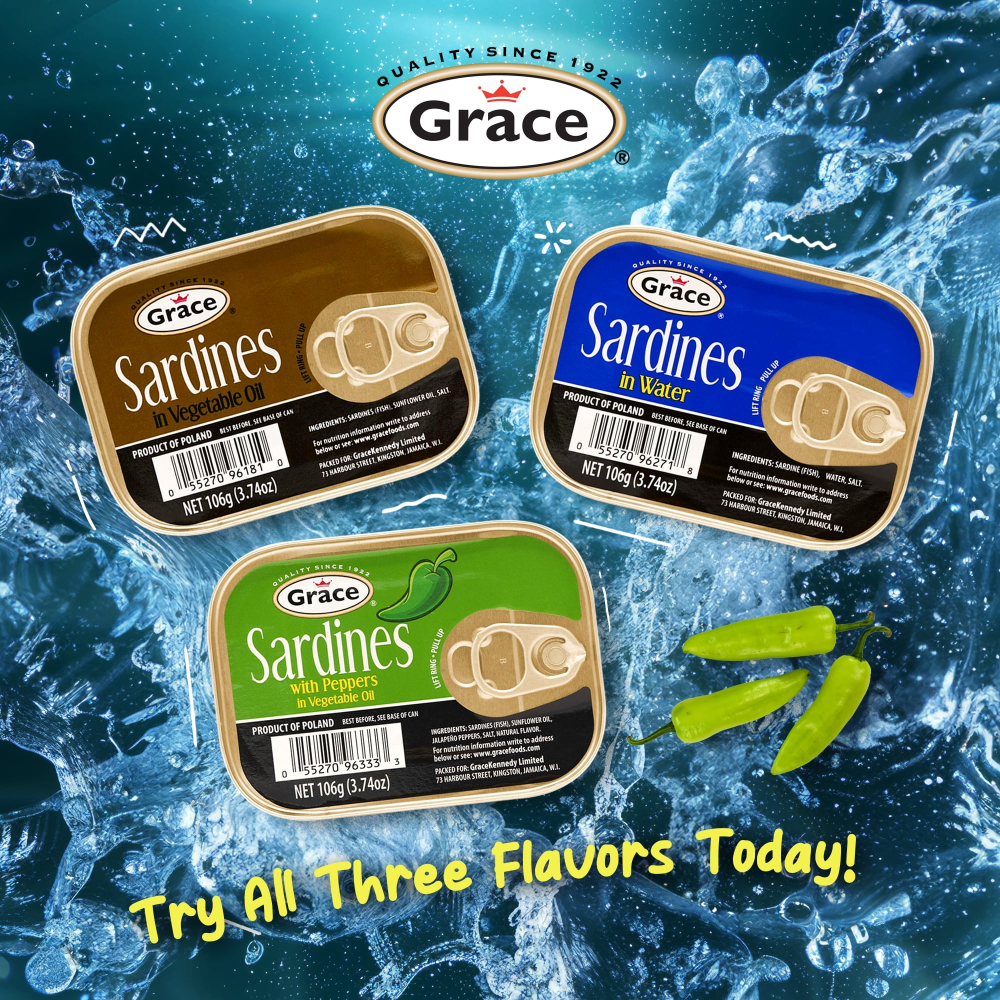 Grace Sardines in Pepper In Vegetable Oil - 3.74oz (Pack of 10) - 16g Protein per Serving, Canned & Packaged Season Sardines, Low Sodium, Gluten Free, Keto Friendly, Canned Fish