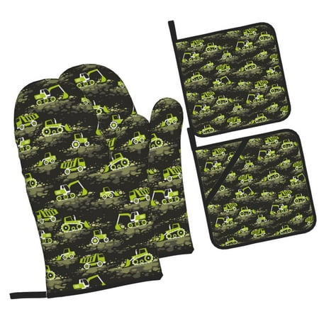 

Pofeuu Light Green Excavator Print Oven Mitts and Pot Holders 4 pcs Set High Heat Resistant 500 Degree Extra Thicken Long Kitchen Cotton Oven Glove for Cooking