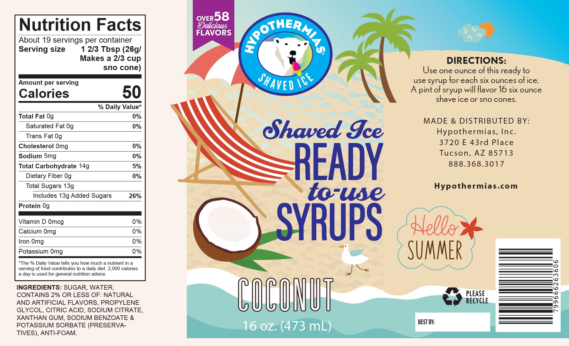 Hypothermias Shaved Ice and Snow Cone Syrup in Gift Box - Variety 3 Pack (16 Fl Oz Each) - Coconut, Strawberry, Lemon Lime - Non-GMO 100% Pure Cane Sugar