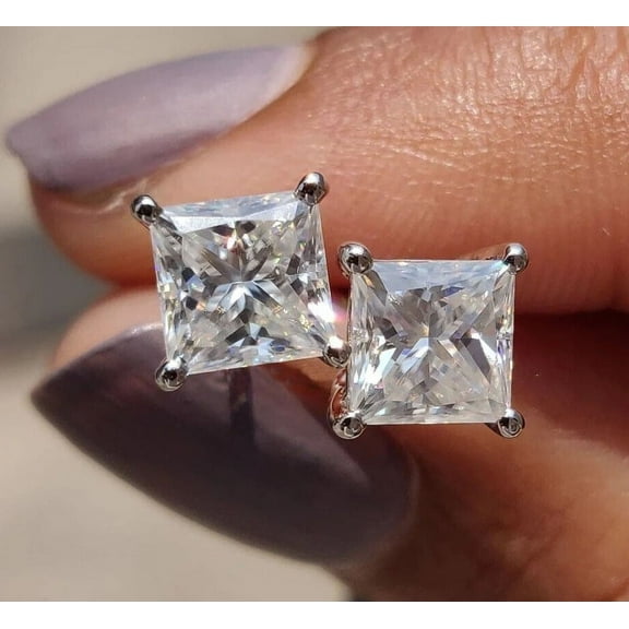 1Ct Lab Created Diamond Princess Cut Stud Earrings 14K White Gold Plated