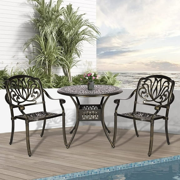 W WARMHOL 3-Piece Outdoor Patio Dining Set, All-Weather Cast Aluminum Patio Furniture Set for Backyard Garden Deck with 2 Chairs and 35.2" Round Table, 2" Umbrella Hole