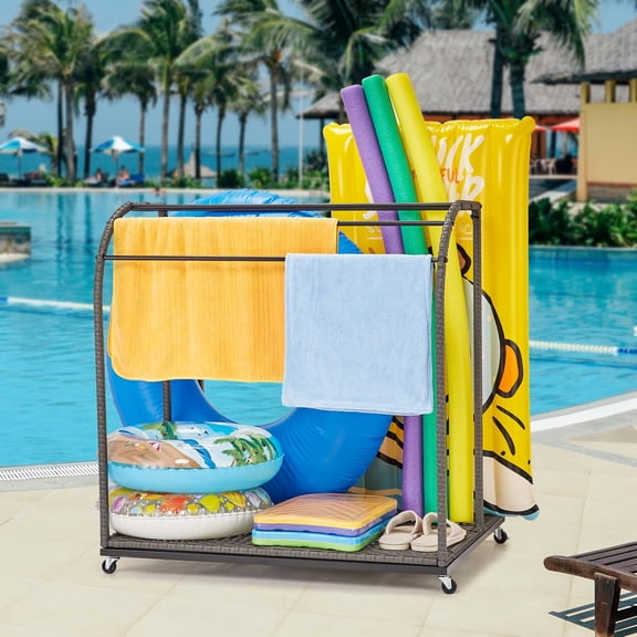 DSstyles 37*32InPoolside Outdoor Storage,Towel Rack Freestanding,Storage Organizer with Compartment for Floats, Pool Noodles, Swimming Rings,5 Bar Pool Towel Rack with Rattan Base for Outdoor/Indoor
