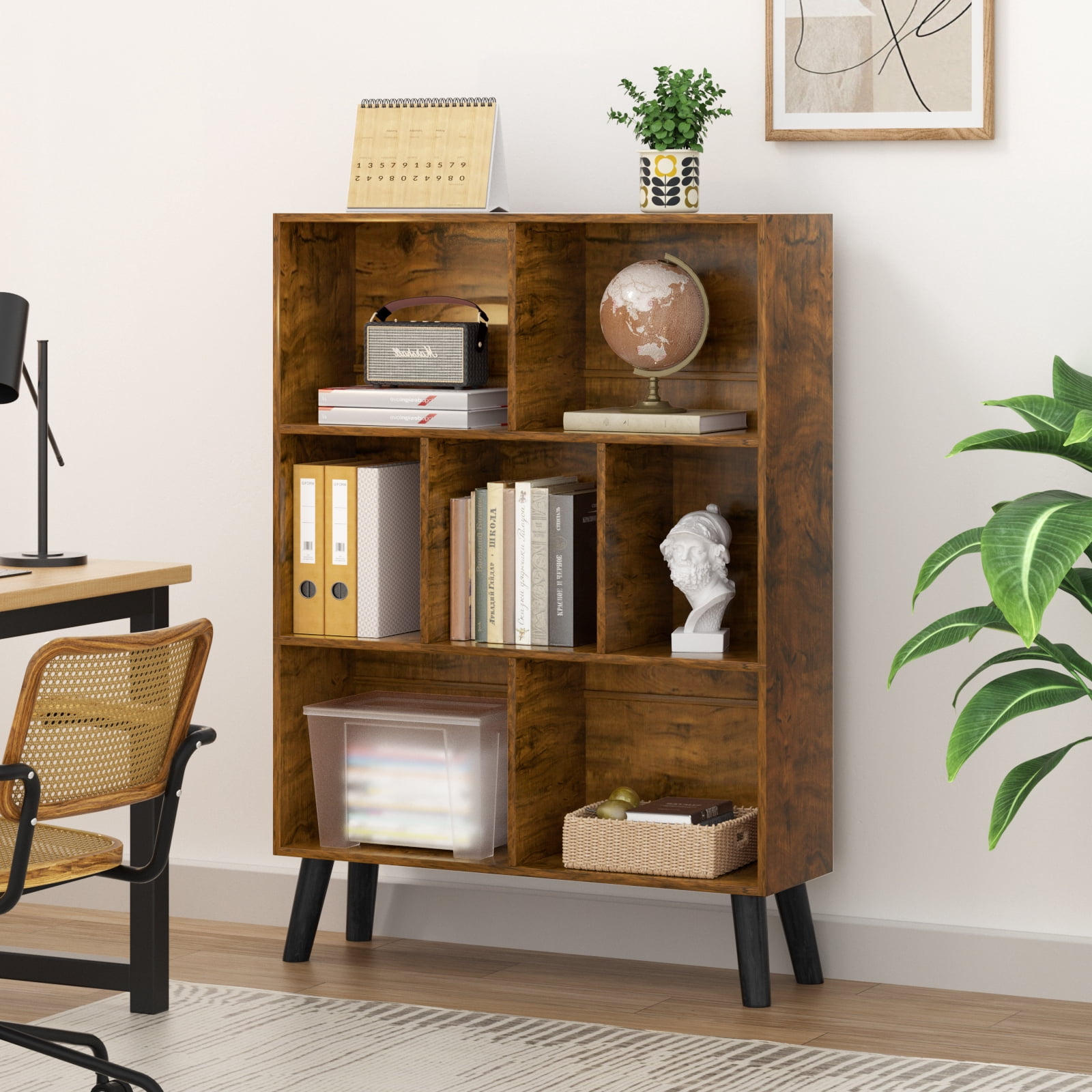 LEYAOYAO 3-Tier Bookshelf with 7 Open Cubes, Modern Wooden Storage Rack, Multi-Use Shelf for Living Room, Office, Study, Brown