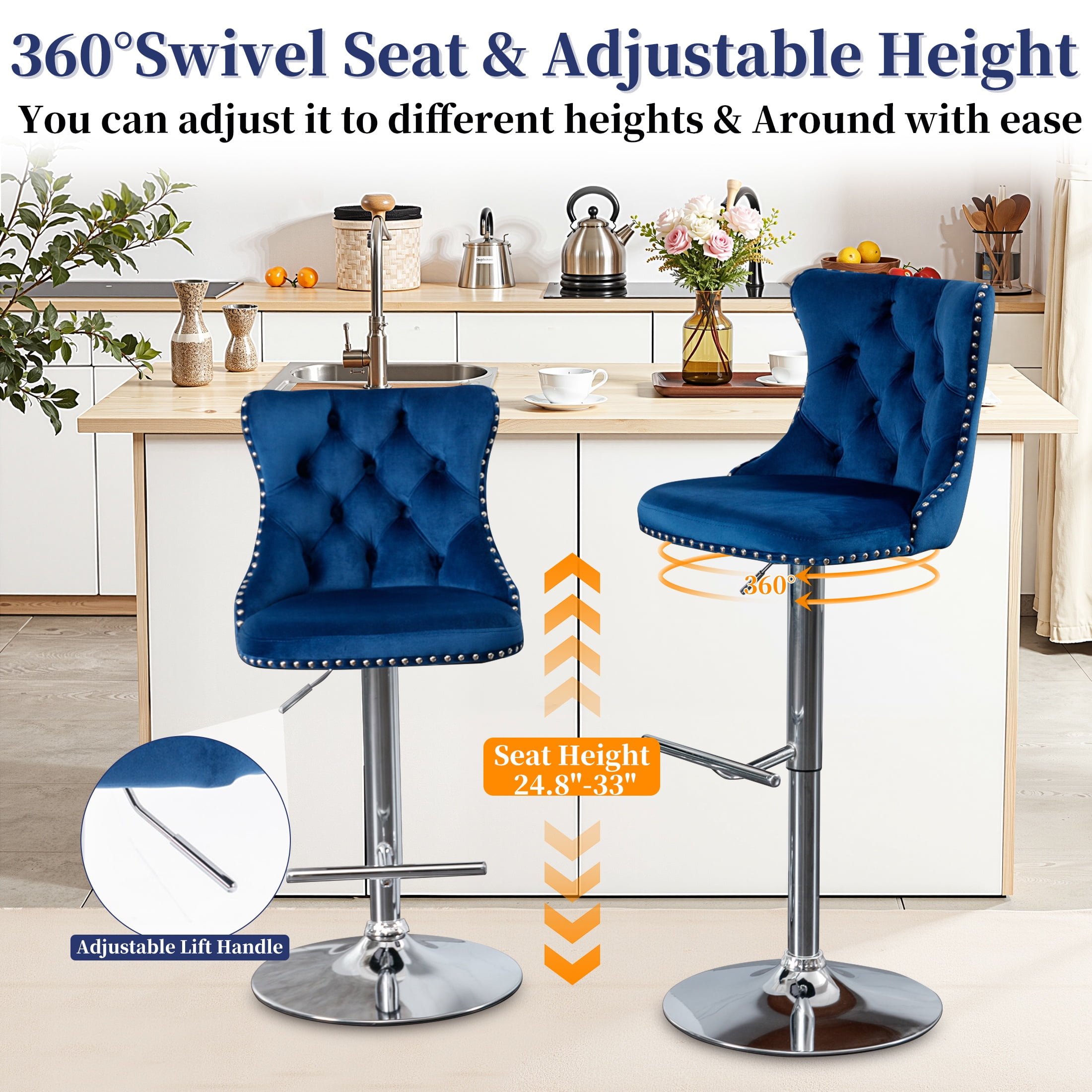 PAPROOS Bar Stools Set of 4, 360°Velvet Swivel Barstools with Backs, Chrome Base, Adjustable Seat Height from 25-33 inch, Counter Height Bar Chairs for Kitchen Island, Home Bar, Blue
