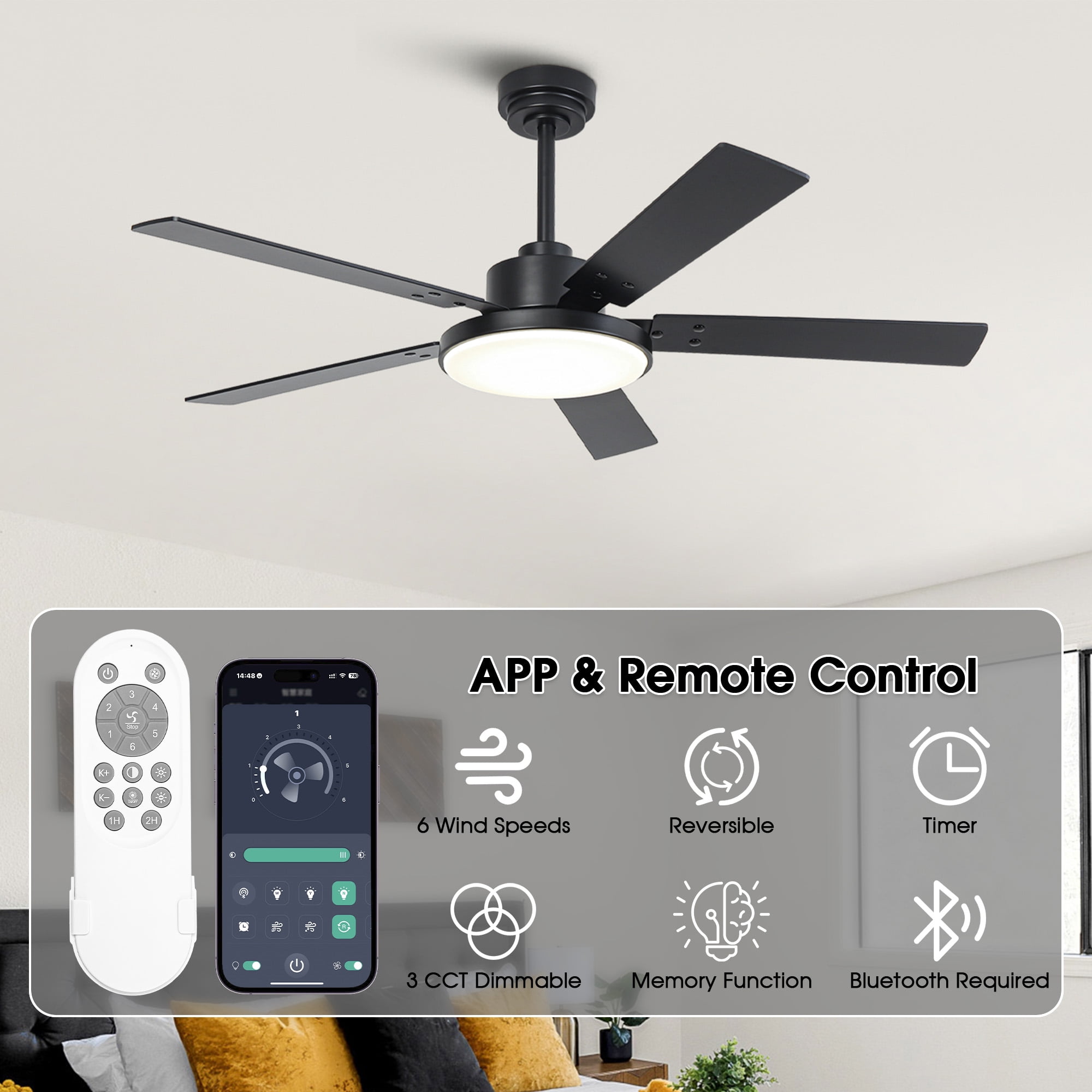 52" Modern Black DC Motor Smart Ceiling Fan with Integrated Light and Remote Control