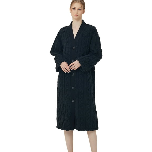 Women's Long Sleeve Button Down V Neck Thick Fleece Bathrobe Loungewear Super Soft Comfy Warm Winter Robe Homewear Womens Clothes