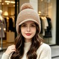thumbnail image 5 of Fleece Beanie Hats with Earflaps Visor Brim Winter Knit Ski Cap Winter Hats for Women Pom Pom Ball Khaki One Size, 5 of 5
