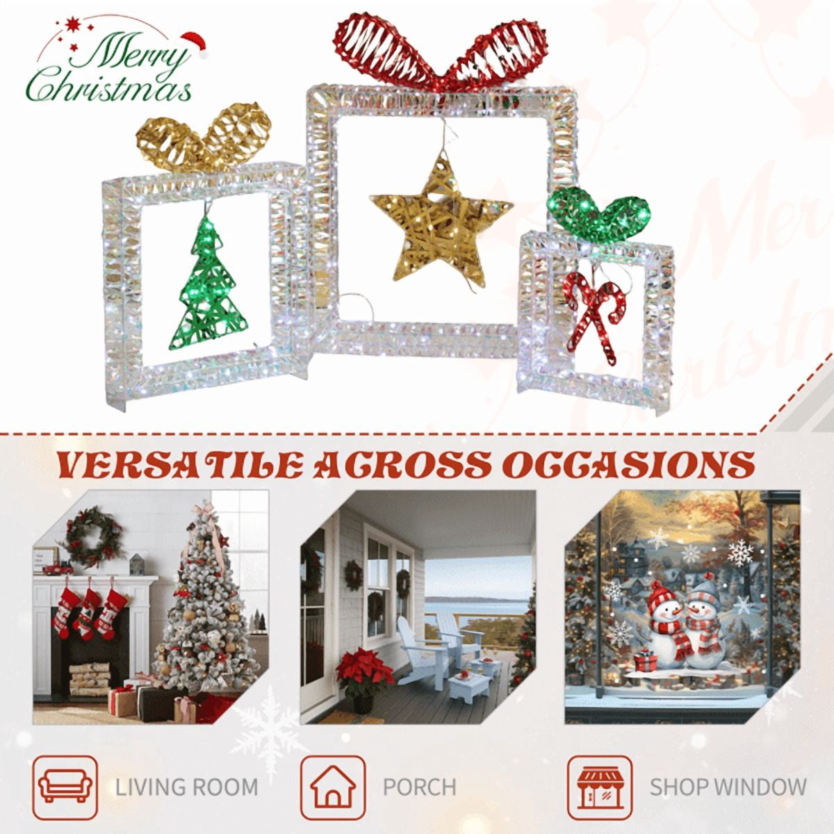 3-Pack Lighted Christmas Gift Box Decorations, 357 White LEDs, Weather-Resistant, Collapsible for Indoor Outdoor Use