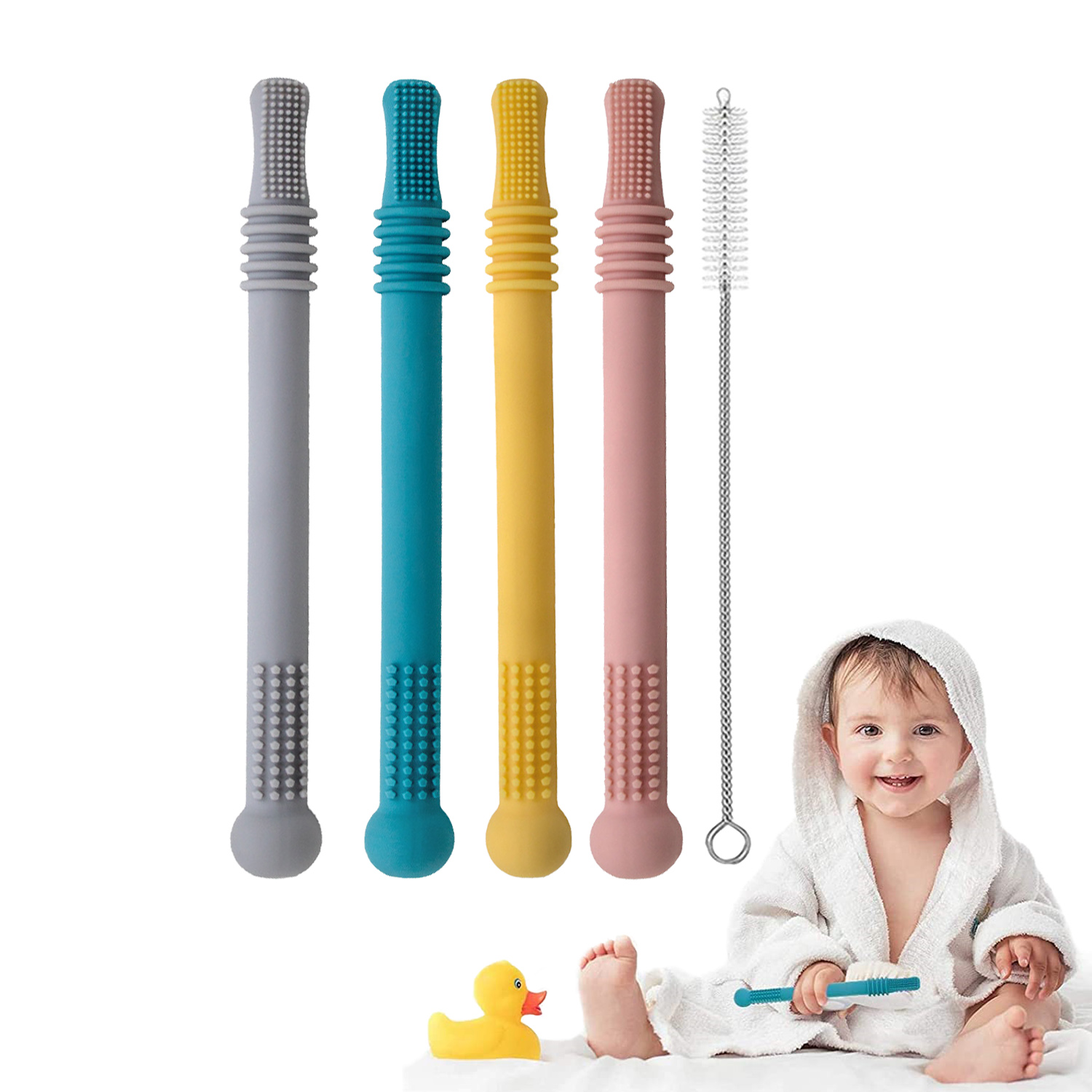 Hollow Teething Tubes for Babies,4 Pack Chewy Straw Toy,Safe Silicone