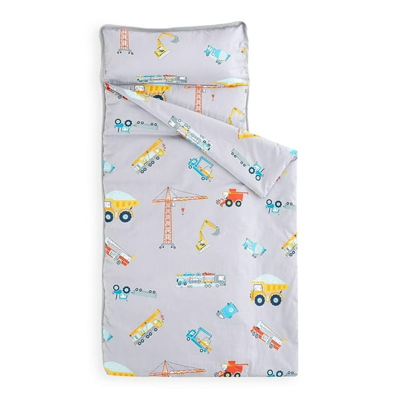 Extra Long Nap Mat with Removable Pillow for Kids Toddler Boys Girls Daycare Preschool Kindergarten Sleeping Bag, Car Crane Excavator Truck on Gray, 100% Cotton with Microfiber Fill