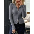 thumbnail image 5 of Women Long Sleeve Button Down Ribbed Knit Cardigan Shirt Casual Slim Fit Collared Sweater Top Dark Grey L, 5 of 8