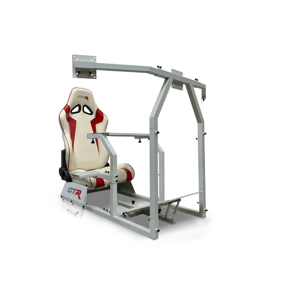 GTR Simulator GTAF Model Racing Simulator Cockpit Silver Frame wiht White/Red Seat