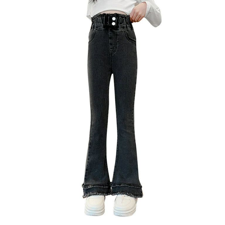 B91xZ Girls Jeans for Kids Waist Flare Leg Pants Casual Long Bell Bottom  Jeans Trousers (Black, 10-12 Years)
