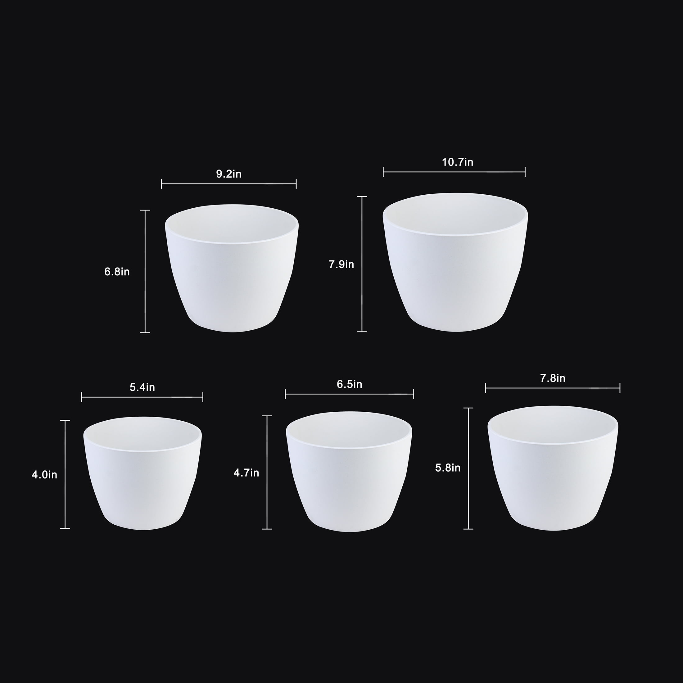 Florinia 5-Piece White Plastic Planter Set – Modern Round Indoor Flower Pots (5.4", 6.5", 7.9", 9.2", 10.7") – Lightweight Decorative Plant Containers ( without plants )