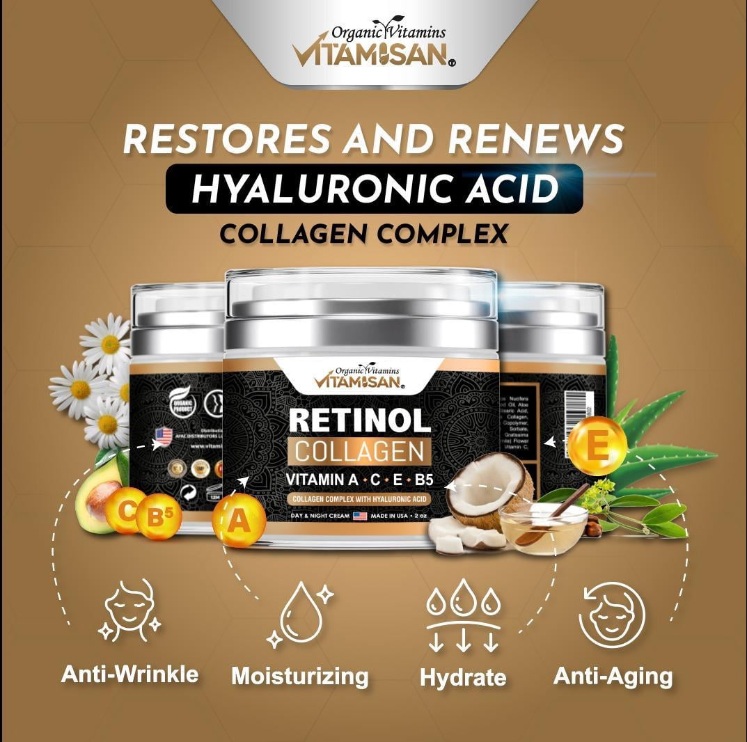 Vitamisan Retinol Collagen Cream with Hyaluronic Acid, Vitamin A C E B5 – Anti Aging Face Moisturizer, Hydrating Day & Night Cream for All Skin Types – 2 oz