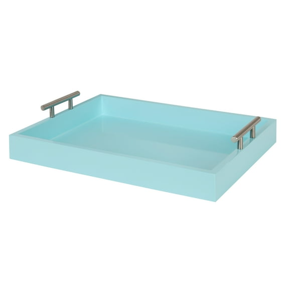 Kate and Laurel Lipton Decorative Tray with Polished Silver Metal Handles, Pastel Teal