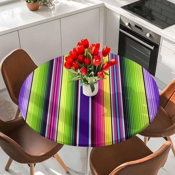 Purple Green Vertical Stripes Elastic Fitted Round Tablecloth Modern Abstract Line Waterproof Outdoor Table Cover for Holiday Party, Picnic, Patio & Dining Fits Tables Up to 55"-60"