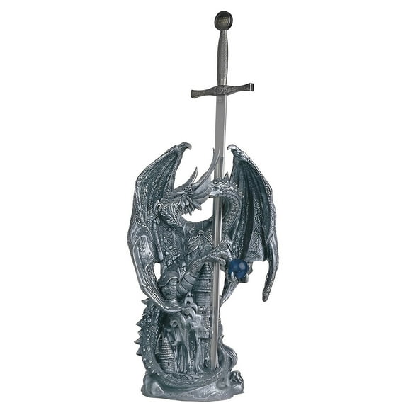FC Design 12"H Medieval Silver Dragon Standing on Castle with Sword Guardian Figurine Statue Sculpture Ornament Decoration Home/Room Decor and Unique Gift Ideas