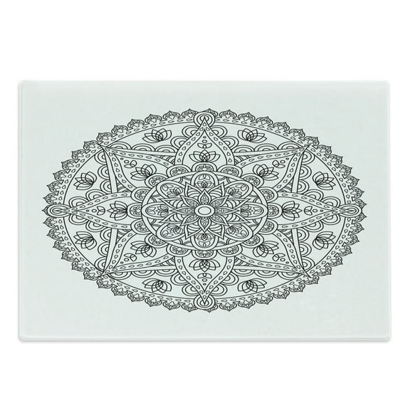 Lotus Cutting Board, Oriental Mandala Pattern Flower Petal Effect Style Monochrome Boho Design, Decorative Tempered Glass Cutting and Serving Board, Large Size, Grey White, by Ambesonne