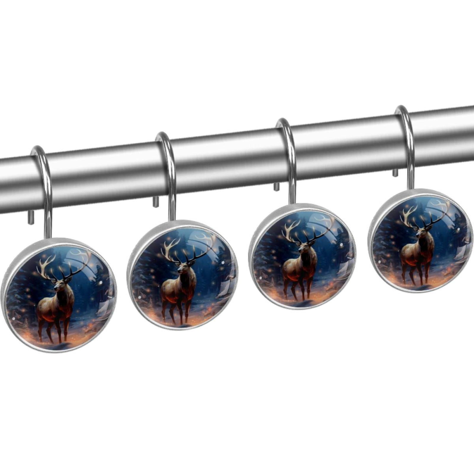 Christmas Elk Shower Curtain Hooks （Set of 12） for Home Hotel Shower Rods Bathroom Crystal Glass Print Stainless Steel Round Curtain Hooks