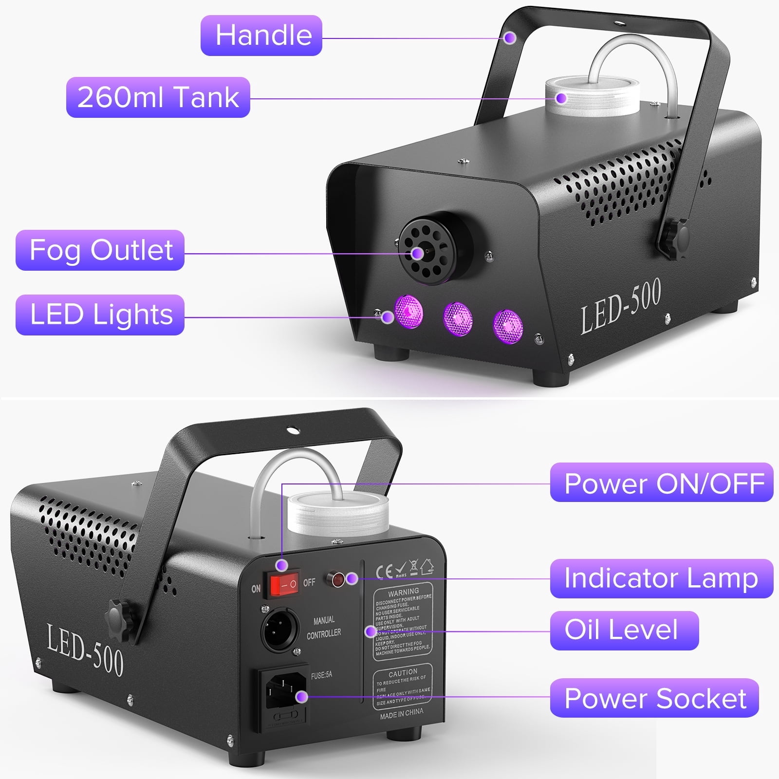 500W Fog Machine with RGB LED Lights, Remote Control, 3000CFM, 15 Lighting Effects for Wedding, DJ, Party, Concert, Halloween