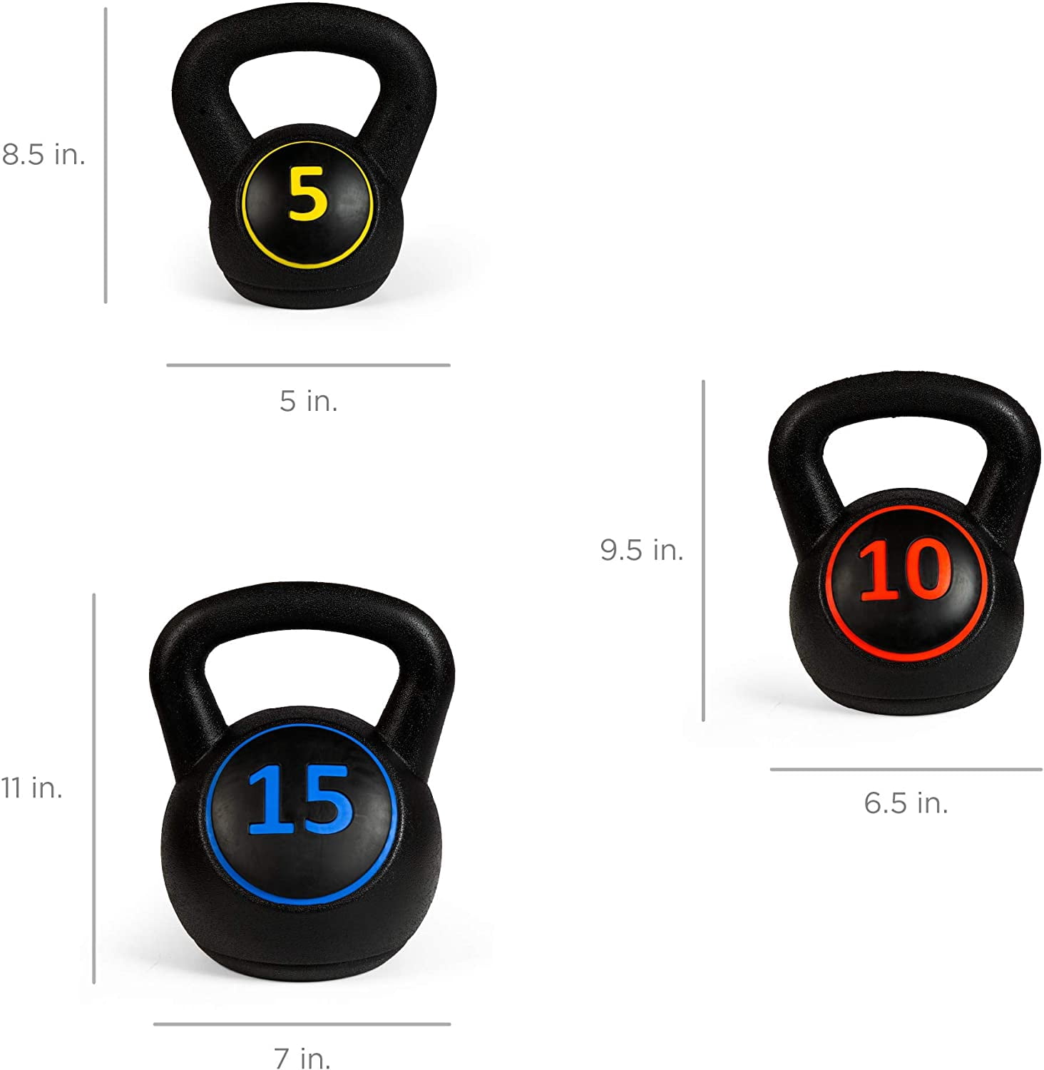 ZJTER 3-Piece Kettlebell Set with Storage Rack, HDPE Coated Exercise Fitness Concrete Weights for Home Gym, Strength Training, HIIT Workout 5lb, 10lb, 15lb