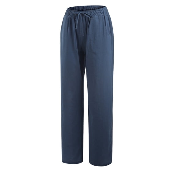 Women Summer Elastic Waist Drawstring Cotton Linen Palazzo Pants Wide Leg Long Lounge Beach Pant Trousers with Pocket