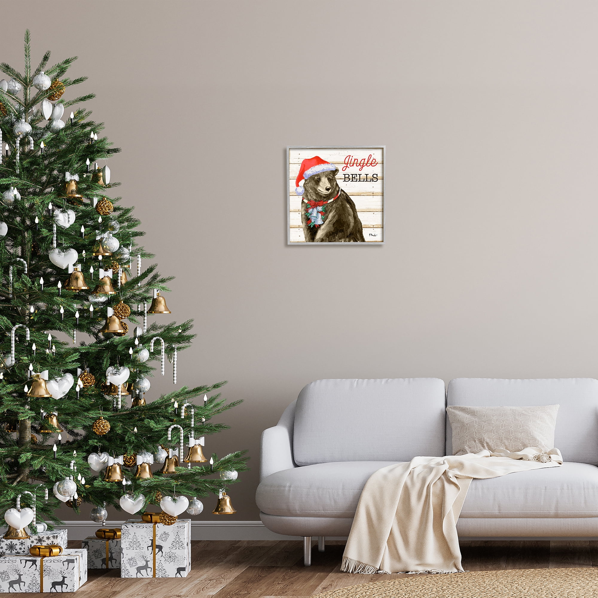 Stupell Industries Rustic Jingle Bells Bear Holiday Painting Gray Framed Art Print Wall Art, 17 x 17
