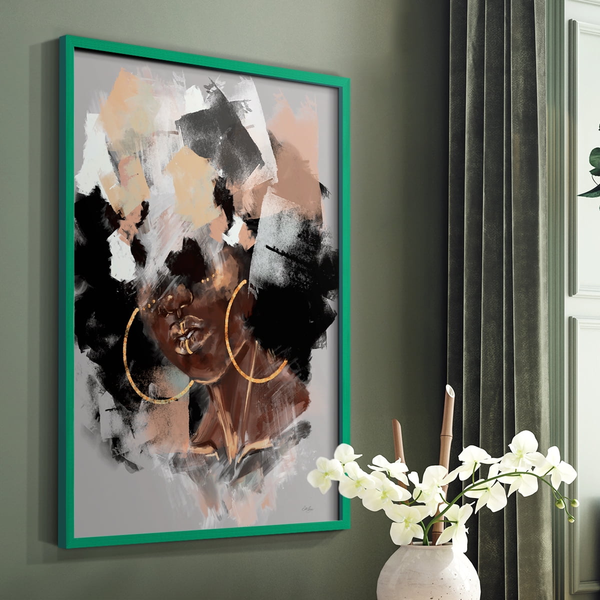 Afro Pop Framed Print in Green Solid Wood Framed Print No Nail Hanging