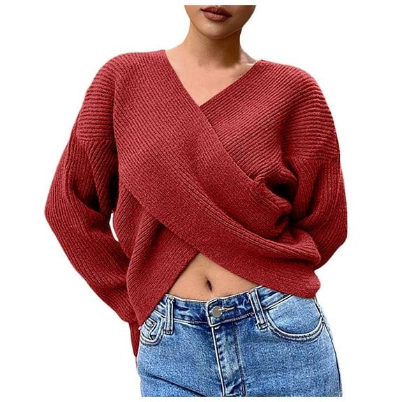 Ediodpoh Women Fashion Solid Crop V Neck Long Sleeve Knit Sweater Pullover Knit Tops for Women Red L